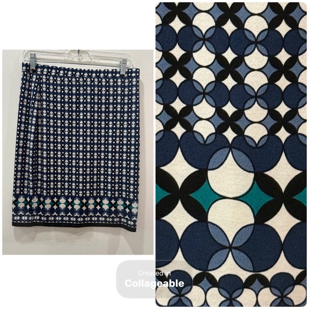 ✅Max Studio sz small Blue White circle Patterned pencil mini Skirt stretch band